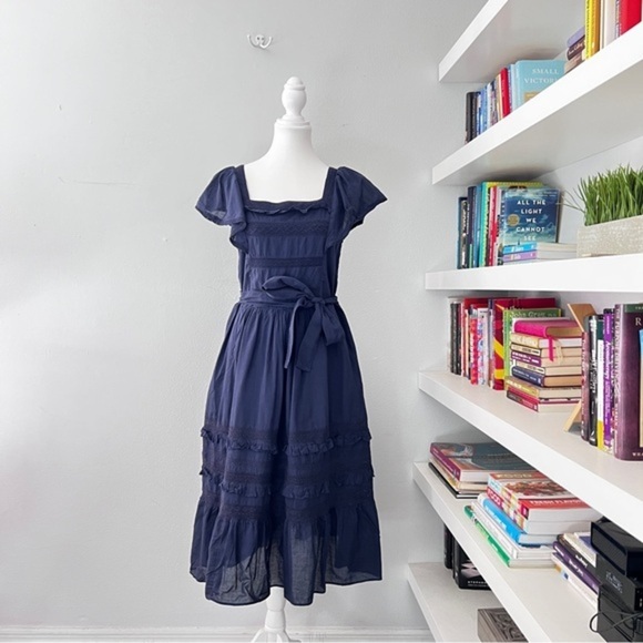 Draper James Navy embroidered tiered flutter sleeve midi dress size small - Picture 1 of 15
